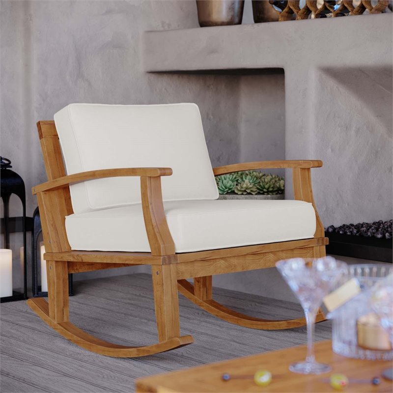 Modway Marina Solid Teak Wood Patio Rocking Chair in Natural and White