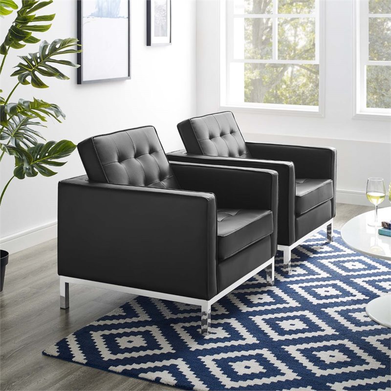 Modway Loft Modern Faux Leather Armchair in Black/Silver (Set of 2)