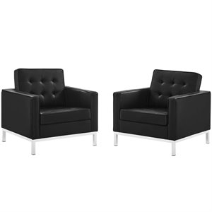 Modway Loft Modern Faux Leather Armchair in Black/Silver (Set of 2)