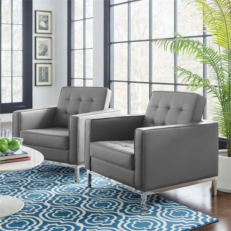Modway Loft Modern Faux Leather Armchair in Gray/Silver (Set of 2)