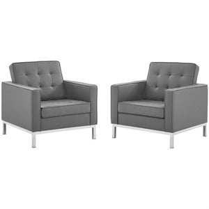 Modway Loft Modern Faux Leather Armchair in Gray/Silver (Set of 2)