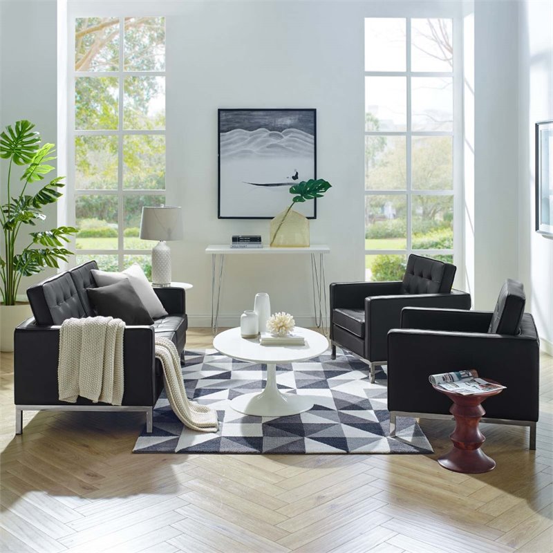 Modway Loft 3-Piece Tufted Upholstered Faux Leather Sofa Set in Black/Silver