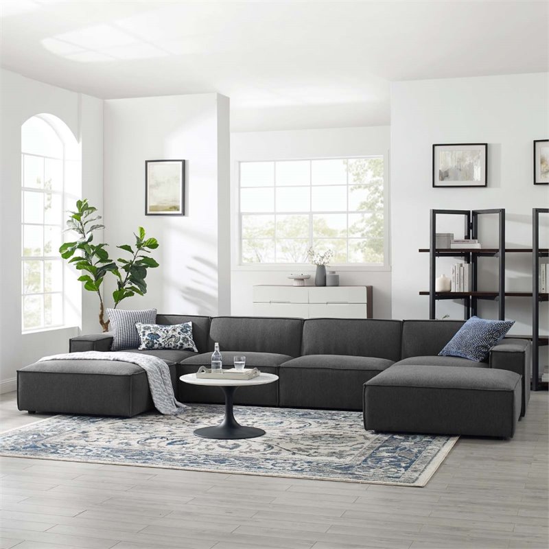 Modway Restore 6-Piece Modern Polyester Fabric Sectional Sofa in Charcoal