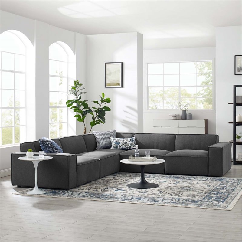 Modway Restore 5-Piece Modern Fabric Upholstered Sectional Sofa in Charcoal