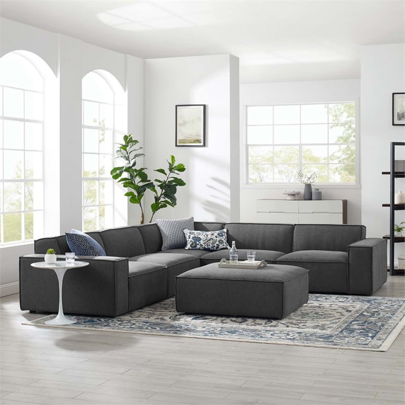 Modway Restore 6-Piece Modern Fabric Upholstered Sectional Sofa in Charcoal