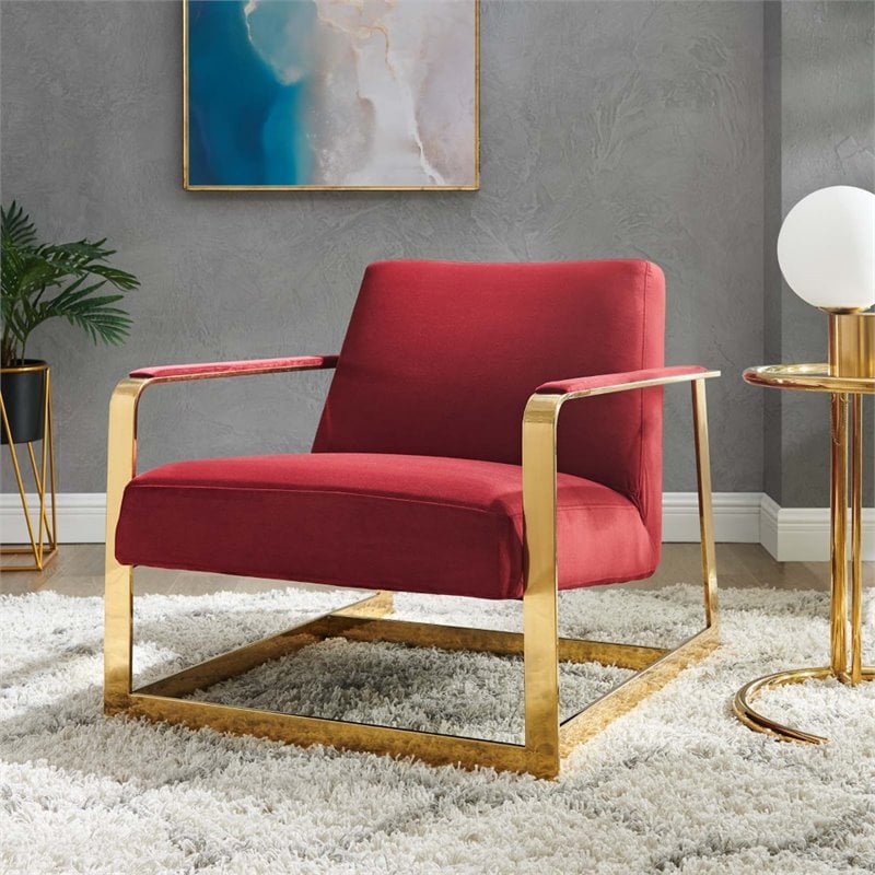 Modway Seg Performance Velvet Upholstered Accent Chair in Gold and Maroon Red
