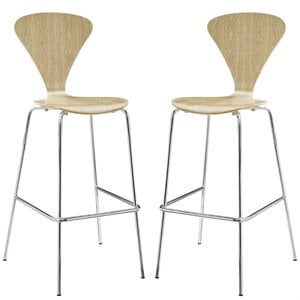Modway Passage 31&quot Wooden V Shaped Back Bar Stool in Natural (Set of 2)
