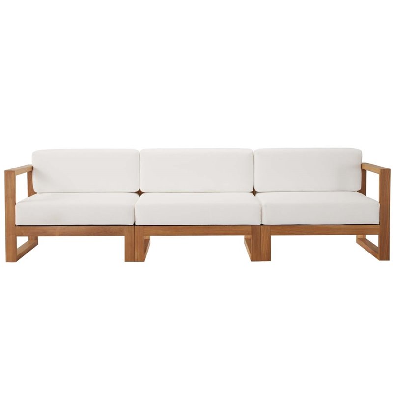 Modway Upland 3-Piece Solid Teak Wood Patio Sectional Sofa in Natural and White