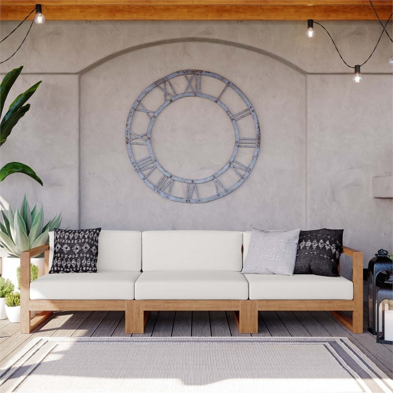 Modway Upland 3-Piece Solid Teak Wood Patio Sectional Sofa in Natural and White