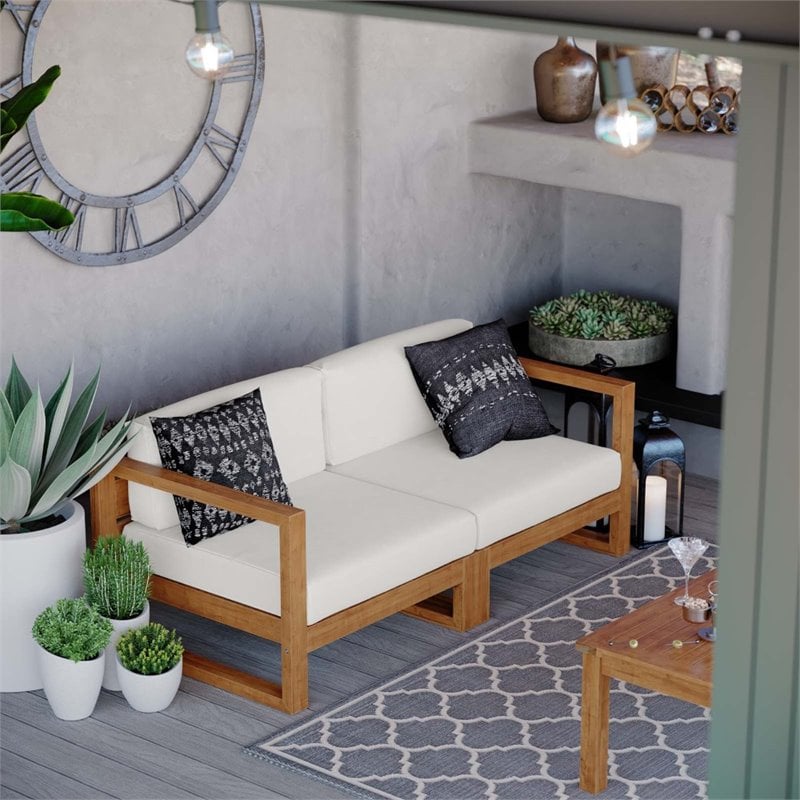 Modway Upland 2-Piece Solid Teak Wood Patio Loveseat in Natural and White