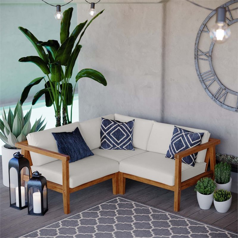 Modway Bayport 3-Piece Fabric & Teak Wood Patio Sectional in Natural and White