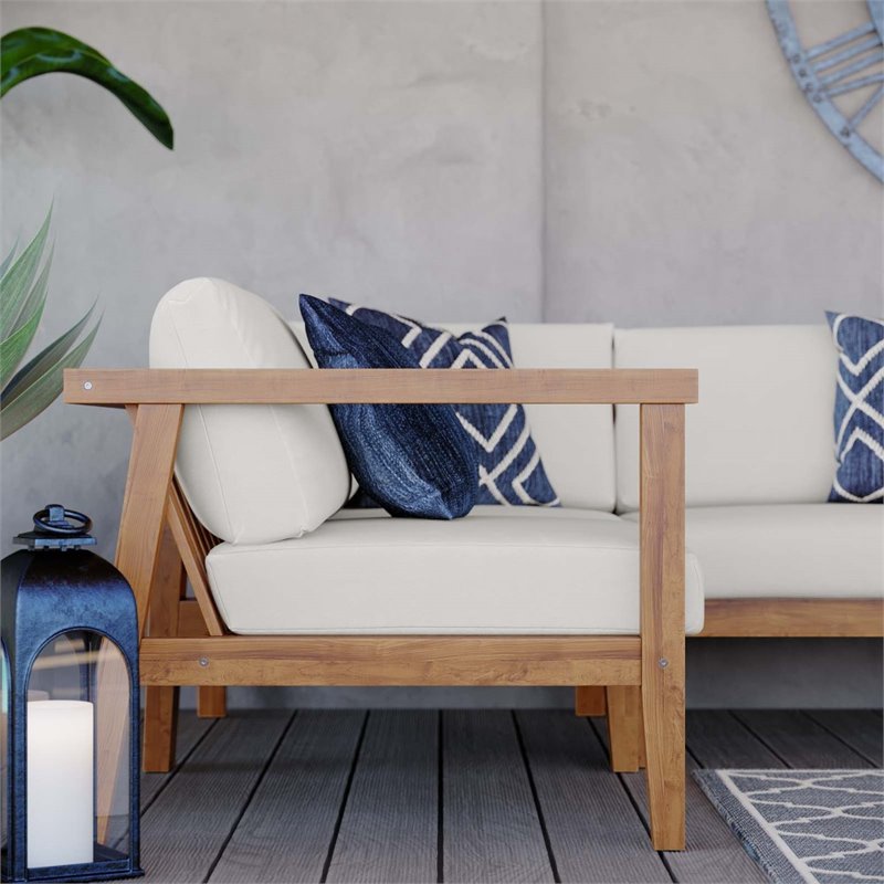 Modway Bayport 3-Piece Fabric & Teak Wood Patio Sectional in Natural and White
