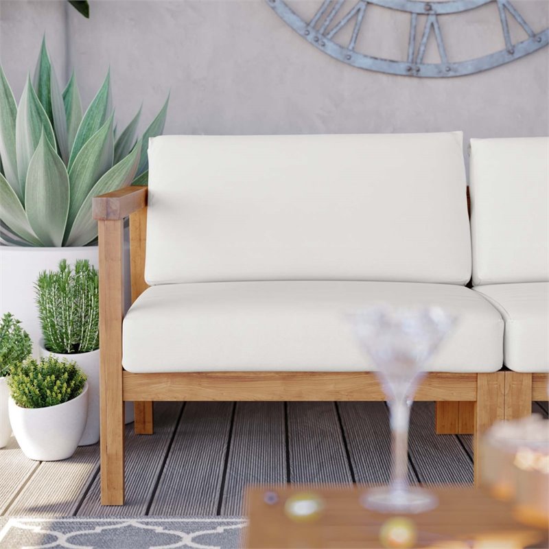 Modway Bayport 2-Piece Fabric & Teak Wood Patio Loveseat in Natural and White