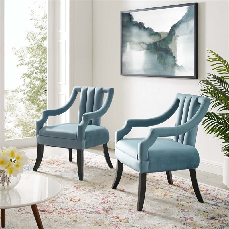 Modway Harken Performance Velvet Accent Arm Chair in Light Blue (Set of 2)