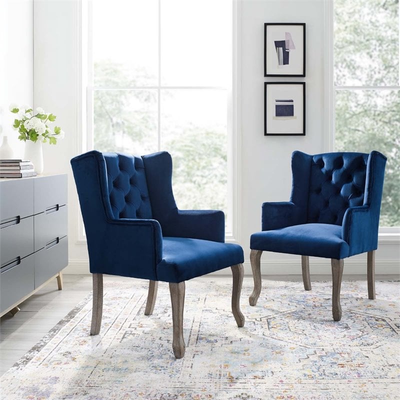 Modway Realm Performance Velvet Tufted Arm Chair in Navy (Set of 2)