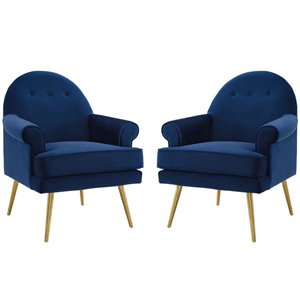 Modway Revive Performance Velvet Upholstered Arm Chair in Navy (Set of 2)