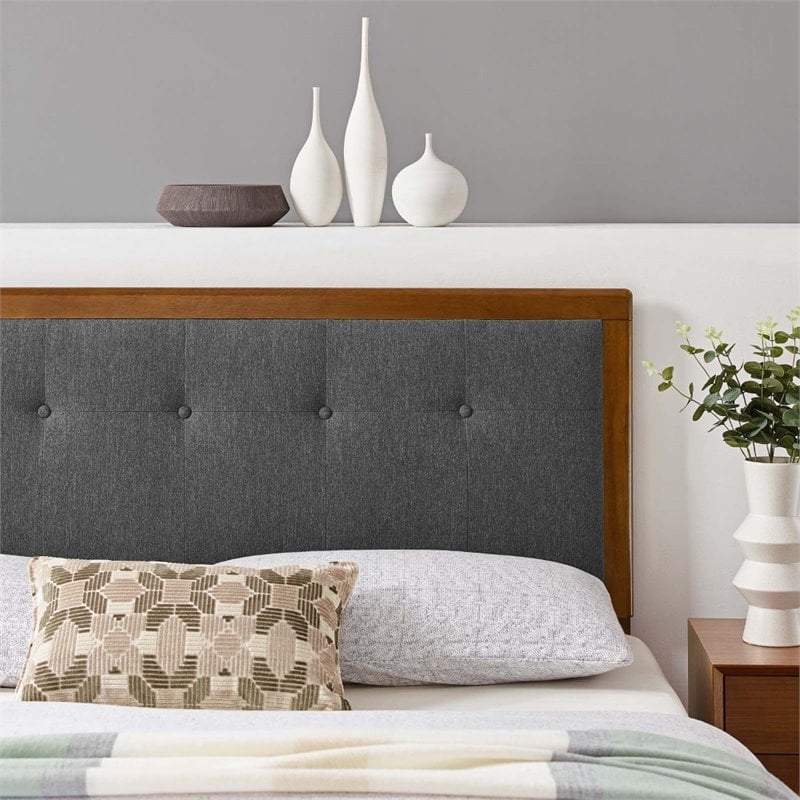 Modway Draper Tufted Queen Fabric and Wood Headboard in Walnut/Charcoal