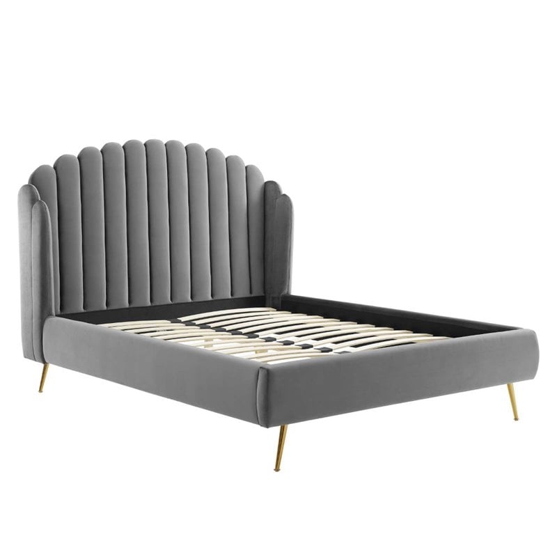 Modway Lana Queen Performance Velvet Wingback Platform Bed in Gray