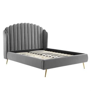 Modway Lana Queen Performance Velvet Wingback Platform Bed in Gray