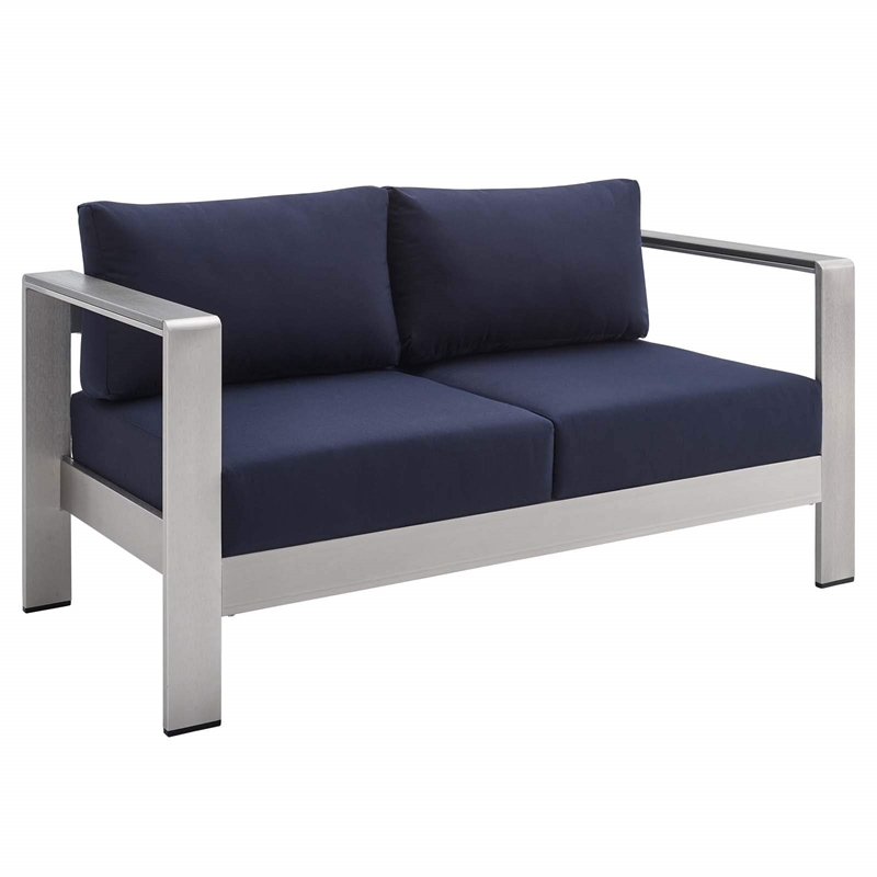 Modway Shore 7-Piece Fabric & Aluminum Outdoor Patio Set in Silver/Navy