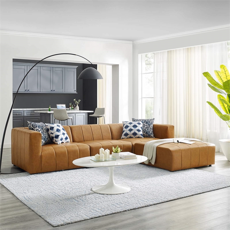 Modway Bartlett 4-Piece Modern Faux Leather Sectional Sofa in Tan