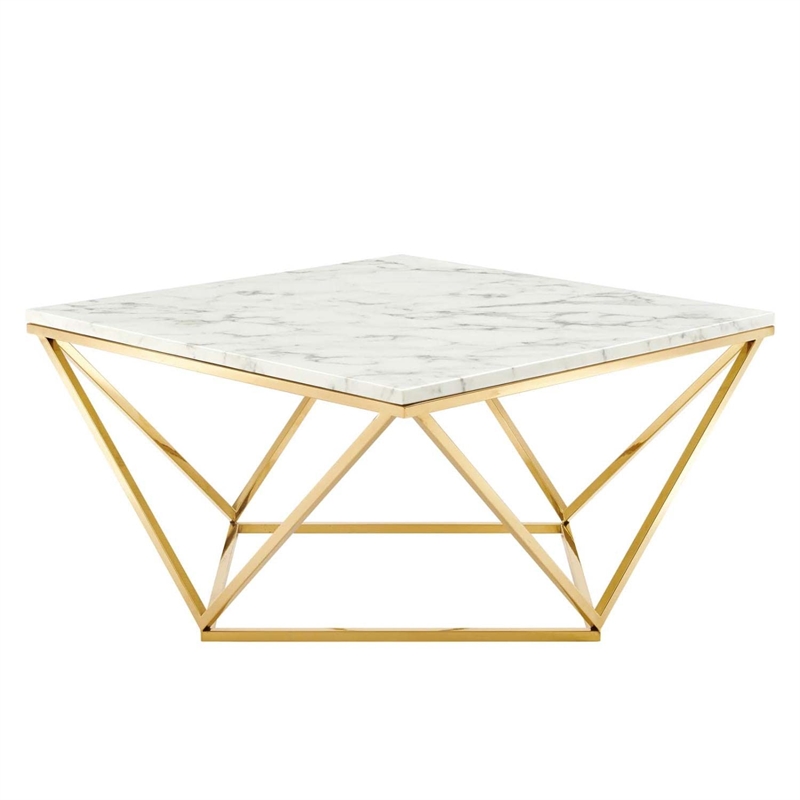 Modway Vertex Artificial Marble & Stainless Steel Coffee Table in Gold/White