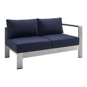 Modway Shore Fabric & Aluminum Outdoor Patio Right Arm Loveseat in Silver & Navy