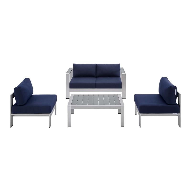 Modway Shore 4-Piece Fabric & Aluminum Outdoor Patio Set in Silver/Navy