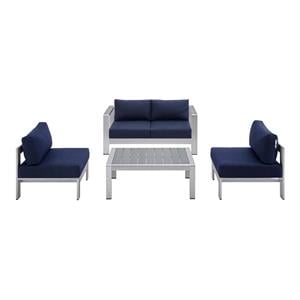 Modway Shore 4-Piece Fabric & Aluminum Outdoor Patio Set in Silver/Navy