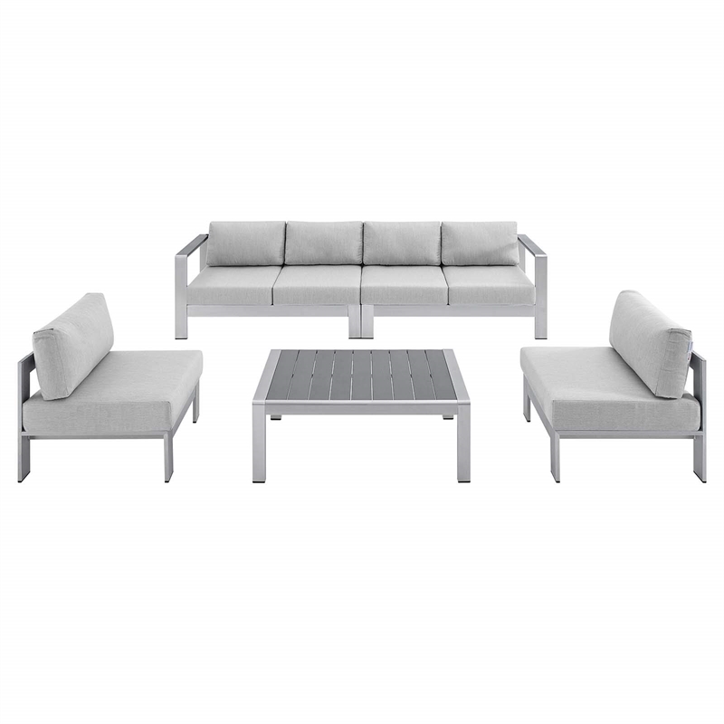 Modway Shore 5-Piece Fabric & Aluminum Outdoor Patio Sofa Set in Silver/Gray
