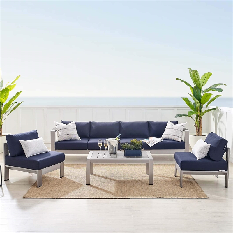 Modway Shore 5-Piece Fabric & Aluminum Outdoor Patio Sofa Set in Silver/Navy