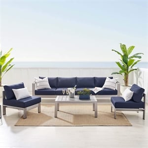 Modway Shore 5-Piece Fabric & Aluminum Outdoor Patio Sofa Set in Silver/Navy