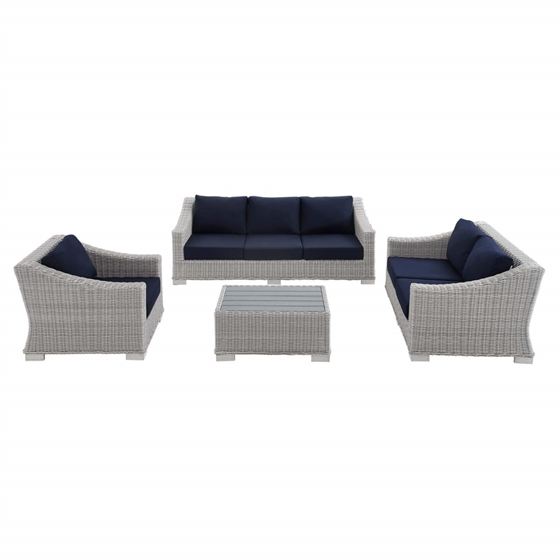 Modway Conway 4-Piece Patio Aluminum/Rattan Furniture Set in Light Gray/Navy