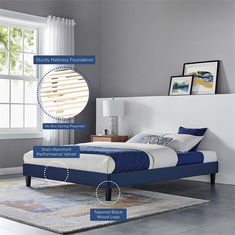 Modway Reign Full Performance Velvet Platform Bed Frame in Navy