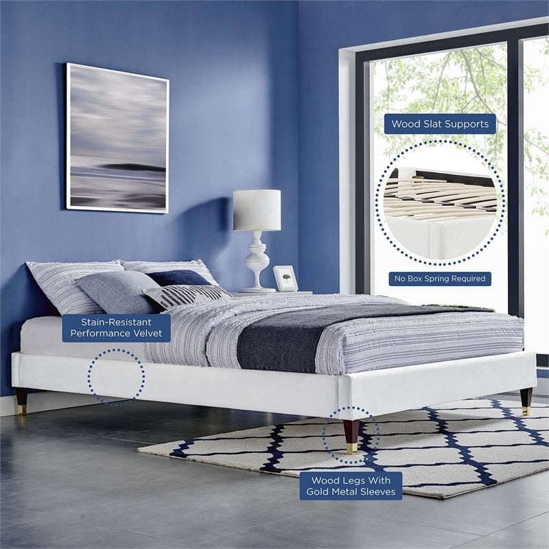 Modway Harlow Queen Performance Velvet Platform Bed Frame in White