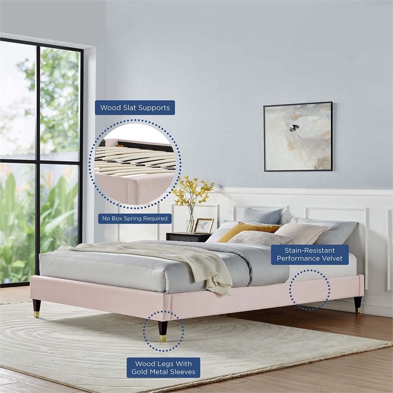 Modway Harlow King Performance Velvet Platform Bed Frame in Pink