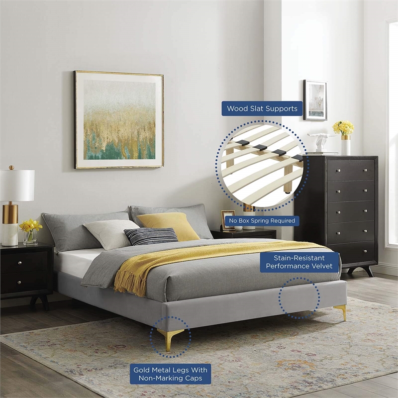 Modway Sutton Twin Modern Performance Velvet Bed Frame in Light Gray