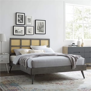Modway Sidney Cane Rattan and Wood Full Platform Bed with Splayed Legs in Gray