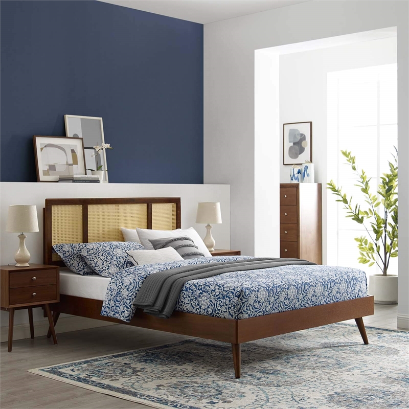 Modway Kelsea Cane Rattan and Wood Full Platform Bed with Splayed Legs in Walnut