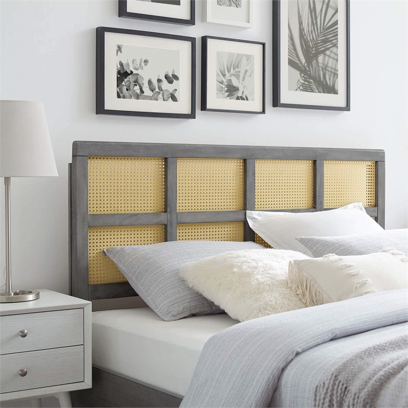 Modway Luana Cane Rattan and Rubberwood Queen Headboard in Gray