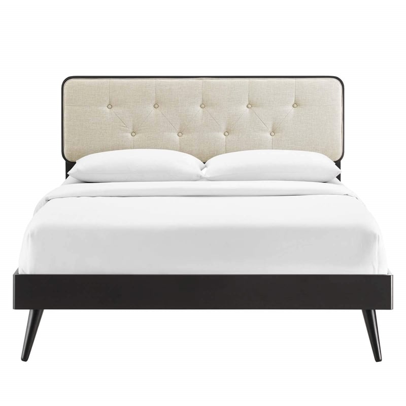 Modway Bridgette Queen Wood Platform Bed with Splayed Legs in Black/Beige