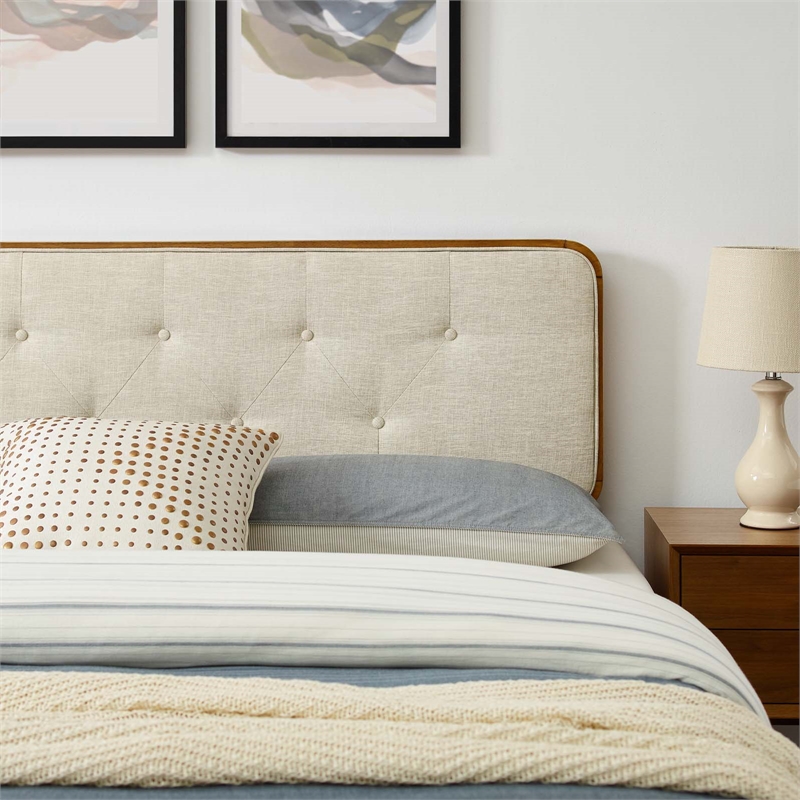 Modway Bridgette Queen Wood Platform Bed with Splayed Legs in Walnut/Beige