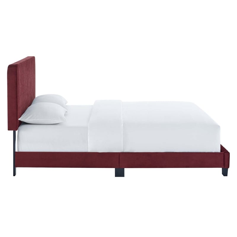 Modway Celine Channel Tufted Performance Velvet Twin Platform Bed in Maroon Red