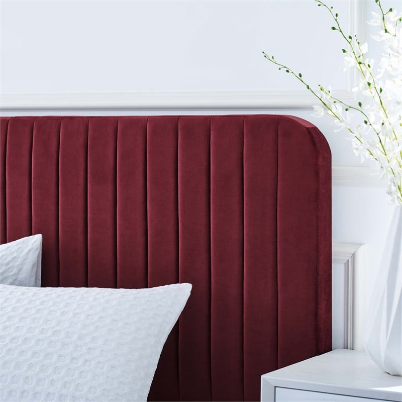 Modway Celine Channel Tufted Performance Velvet Twin Platform Bed in Maroon Red