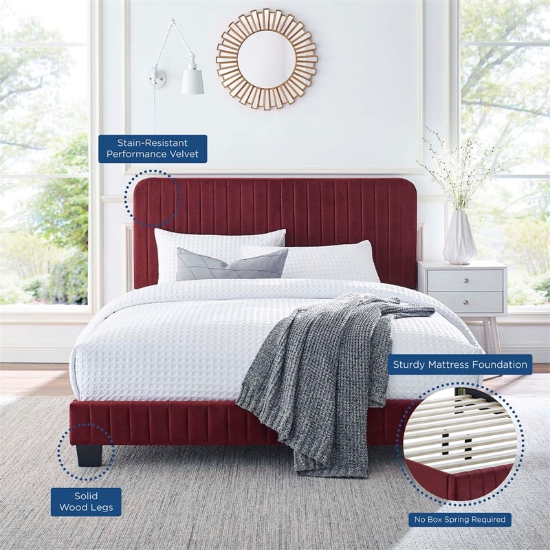 Modway Celine Channel Tufted Performance Velvet Twin Platform Bed in Maroon Red
