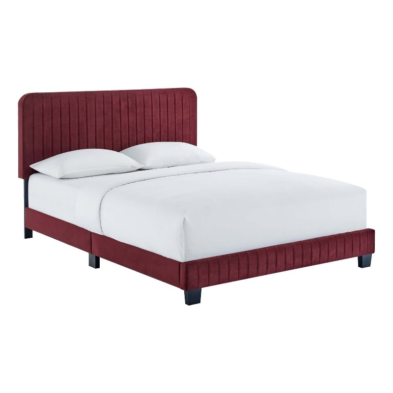 Modway Celine Channel Tufted Performance Velvet Twin Platform Bed in Maroon Red
