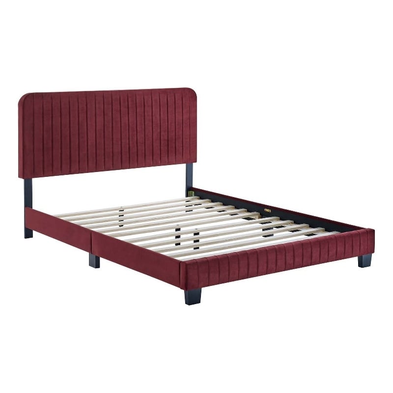 Modway Celine Channel Tufted Performance Velvet Twin Platform Bed in Maroon Red