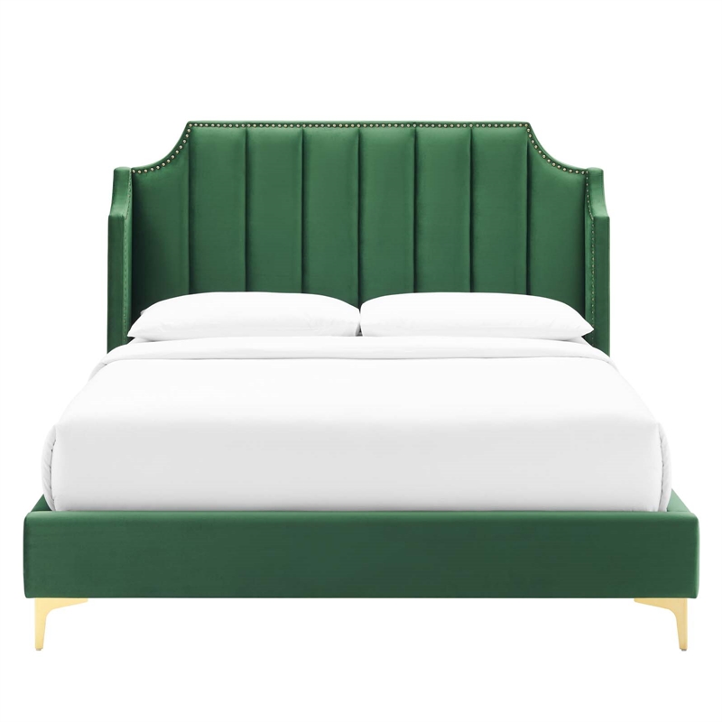 Modway Daniella Performance Velvet Queen Platform Bed in Emerald Green