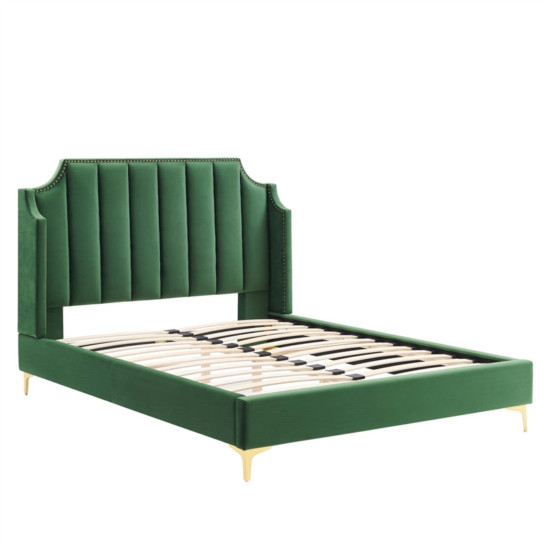 Modway Daniella Performance Velvet Queen Platform Bed in Emerald Green