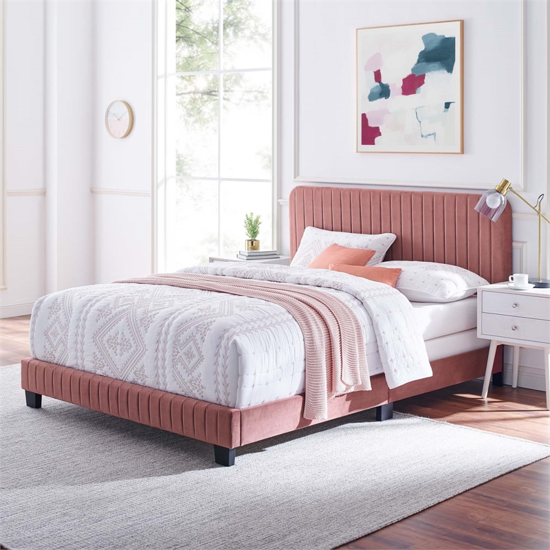 Modway Celine Channel Tufted Performance Velvet Twin Bed in Dusty Rose